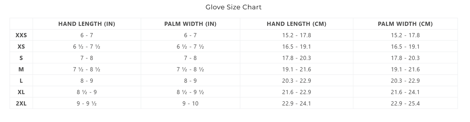 XCEL GLOVE SIZE 24 0 Grentabelle